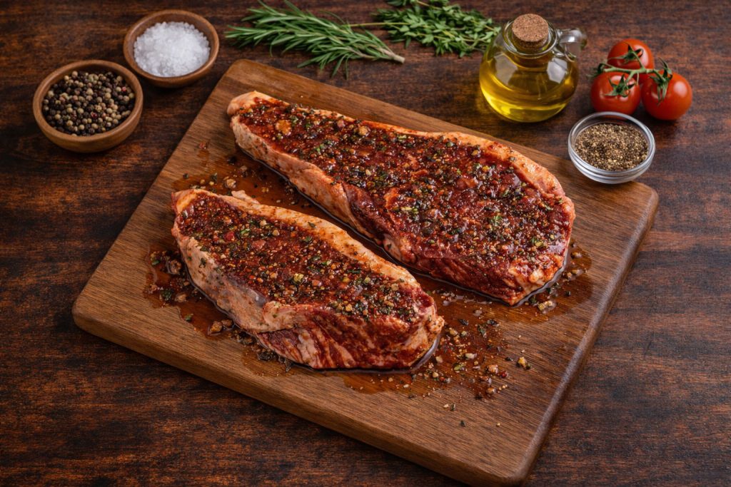 carne marinata su tagliere di legno; scopri i consigli sulla marinatura
